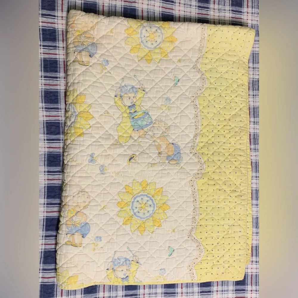 Vintage Baby Blanket Quilted Drummer Boy Sunshine Yellow Blue MCM